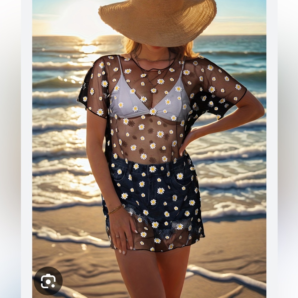 Black and White Polka Dot Mesh Swim Coverup